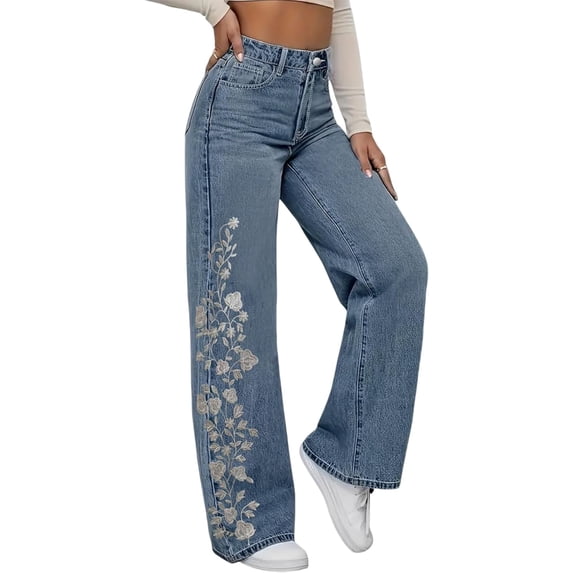 QERINTE Womens Plus Size Wide Leg Jeans Women Stretch Straight Leg Jean High Waist Baggy Casual Boyfriend Jeans