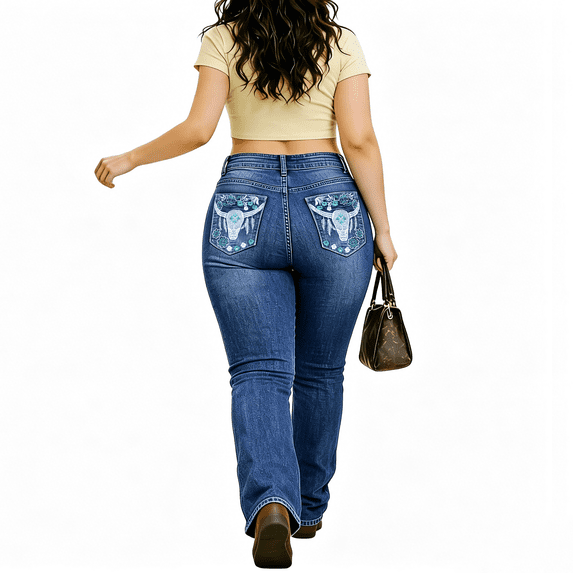 QERINTE Womens Plus Size bootcut Jeans High Waisted Stretchy Embroidered Jeans Curvy