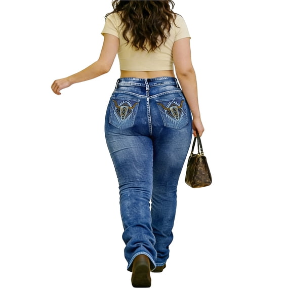 QERINTE Womens Plus Size bootcut Jeans High Waisted Stretchy Embroidered Jeans Curvy