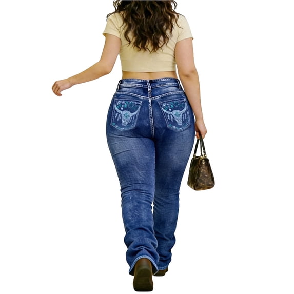 QERINTE Womens Plus Size bootcut Jeans High Waisted Stretchy Embroidered Jeans Curvy