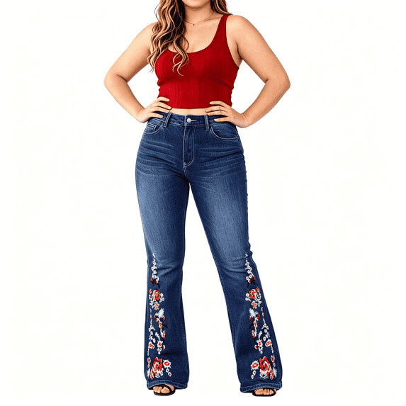 QERINTE Womens Plus Size bootcut Jeans High Waisted Stretchy Jeans Curvy Embroidered