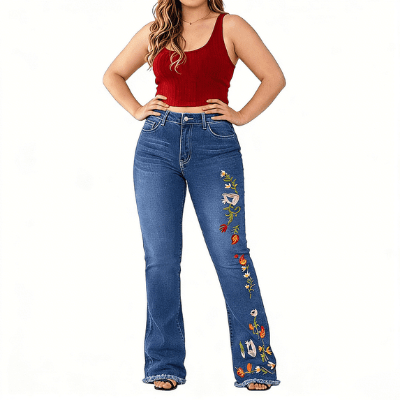 QERINTE Womens Plus Size bootcut Jeans High Waisted Stretchy Jeans Curvy Embroidered