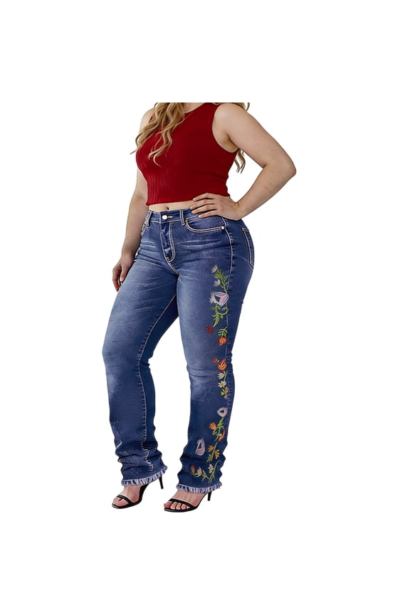 Womens Plus Size bootcut Jeans High Waisted Stretchy Jeans Curvy Embroidered