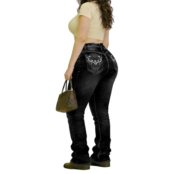 QERINTE Womens Plus Size bootcut Jeans High Waisted Stretchy Jeans Embroidered Curvy