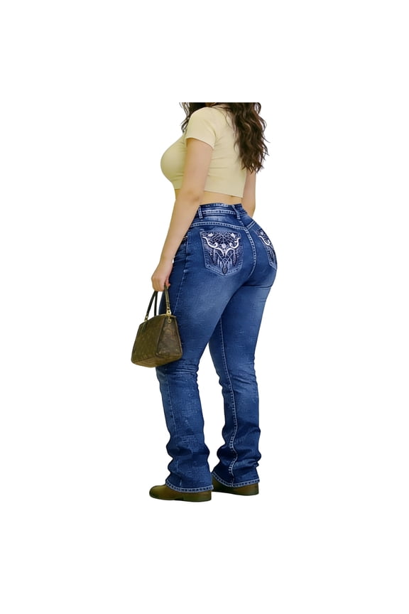 Womens Plus Size bootcut Jeans High Waisted Stretchy Jeans Embroidered Curvy