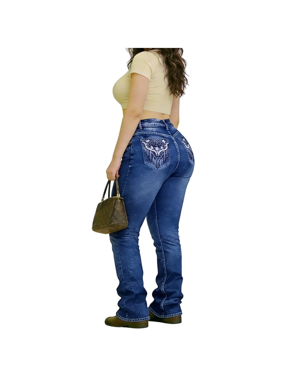 Womens Plus Size bootcut Jeans High Waisted Stretchy Jeans Embroidered Curvy