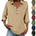 thumbnail image 1 of QETYUW 3/4 Sleeve T Shirts for Women Button Up V Neck Cotton Linen Tops Solid Color Plus Size Tshirts Summer Lightweight Tshirt, 1 of 6