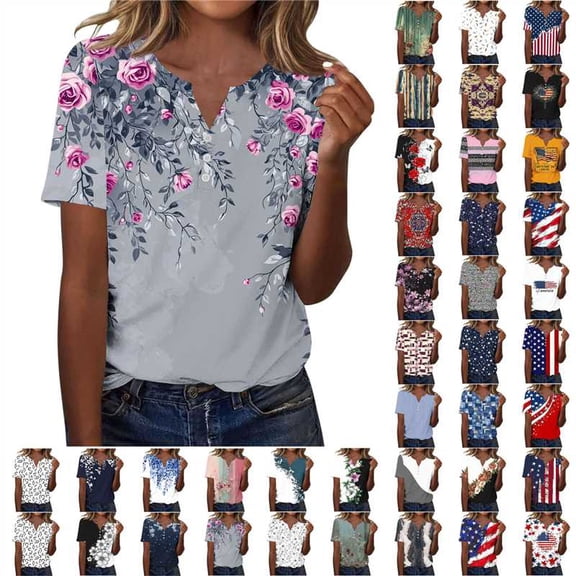 QETYUW 4Th of July Shirts Women Summer Tops Short Sleeve Patriotic Tees V-Neck Casual American Flag Henley Shirt