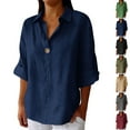 thumbnail image 1 of QETYUW Cotton Linen 3/4 Sleeve Tops for Women Roll Up Sleeve Henley Shirts Plus Size Solid Color Shirt Summer Casual Dressy Tshirts, 1 of 6
