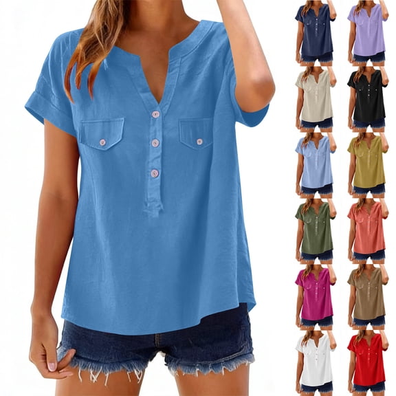 QETYUW Cotton Linen Shirts for Women Summer Short Sleeve Notched V Neck Shirt Solid Color Button Up Tops Dressy Casual Tshirts