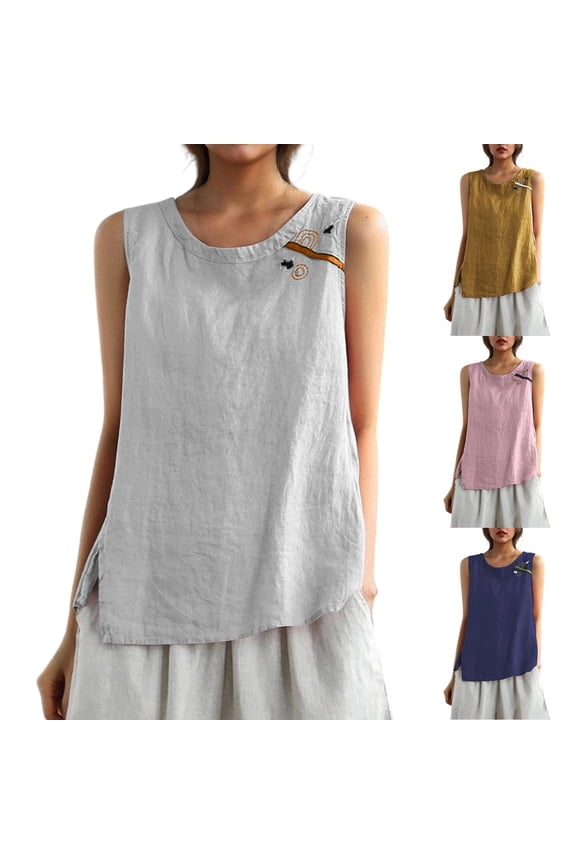 Cotton Linen Tank Tops for Women Sleeveless Crew Neck Tops Solid Color Plus Size Tanks Summer Beach Vacation Tank Top