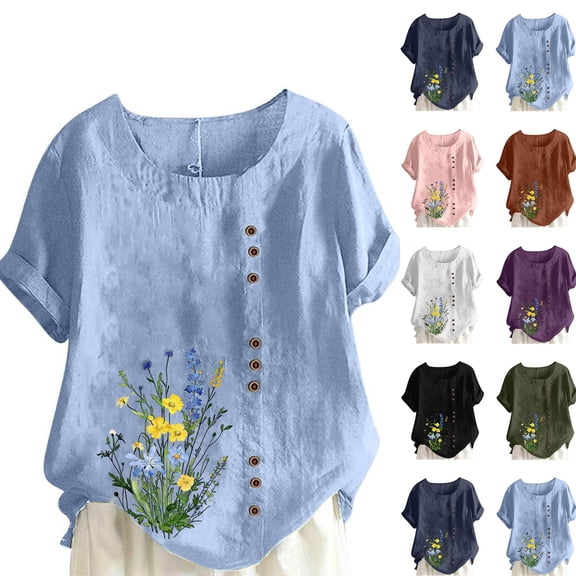 QETYUW Cotton Linen Tops for Women Loose Fit Casual Roll Up Short Sleeve T-Shirt Crew Neck Floral Print Blouses Casual Summer Shirts