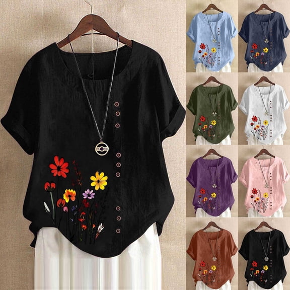 QETYUW Cotton Linen Tops for Women Plus Size Short Sleeve Crew Neck Boho Shirts Floral Graphic Tees Summer Beach Vacation Blouses