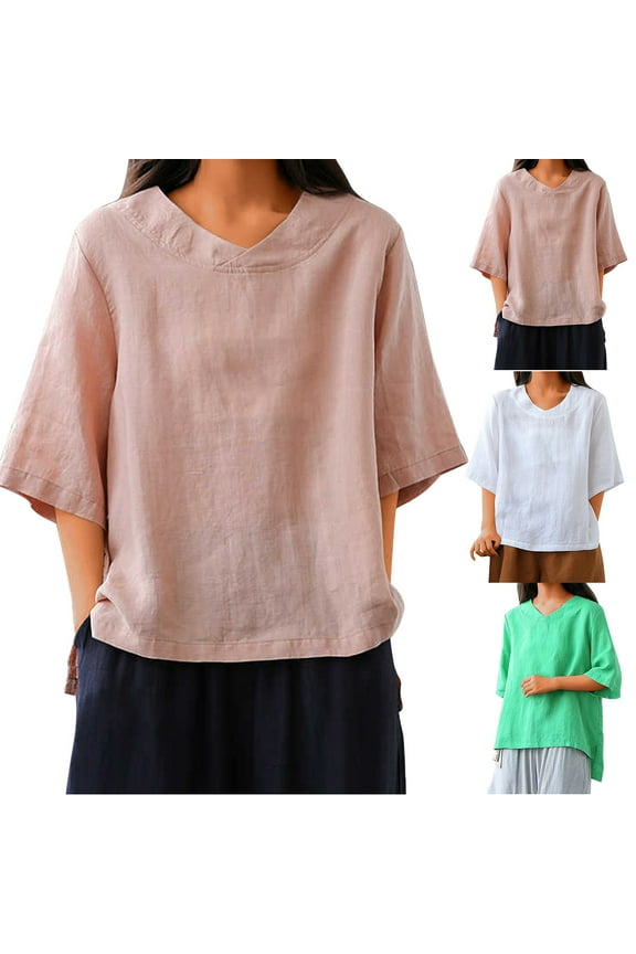 Linen 3/4 Sleeve Shirts for Women Crossover Neck Shirt Solid Color High Low Hem T-Shirts Plus Size Summer Casual Tshirts