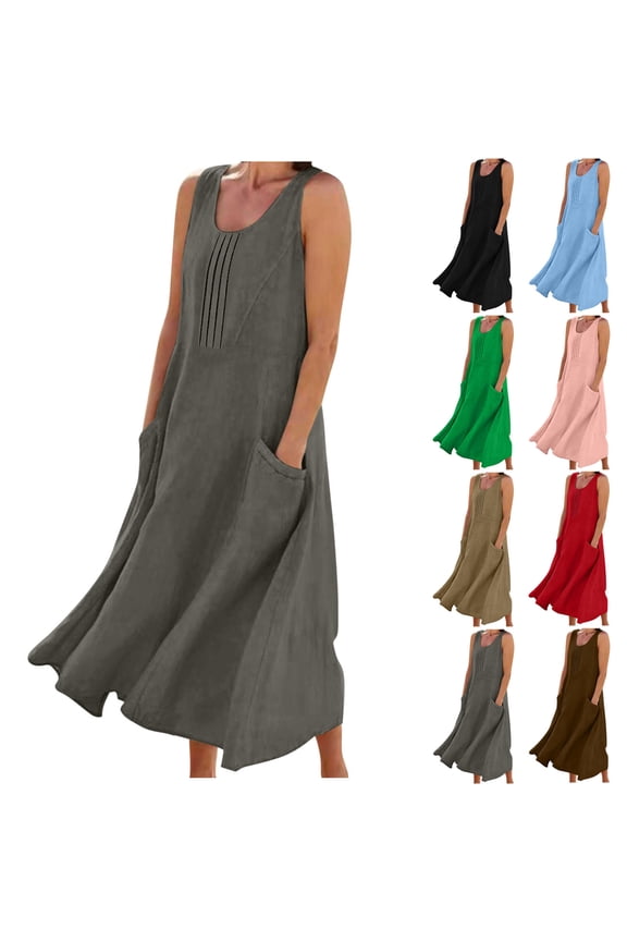 Linen A Line Dresses for Women Pleated Crew Neck Sleeveless Midi Dress Solid Color Casual Vacation Shift Dresses with Pockets