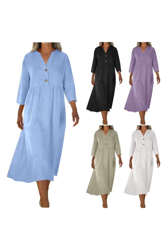Linen Shirt Dresses for Women Button V Neck 3/4 Sleeve Peplum Dress Solid Color Casual Lightweight Summer Dresses