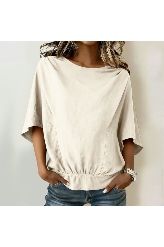 Linen Shirts for Women Loose Fit Short Sleeve Shirt Solid Color Casual Cinched Hem Going Out Tops for Summer Beige M