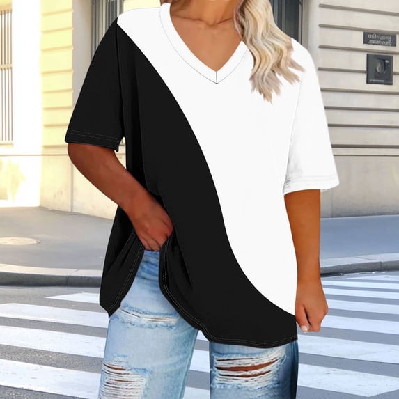 QETYUW Plus Size Shirts for Women Short Sleeve V Neck Shirt Color Block Tunic Tops Loose Fit Causal Tshirt Summer Top