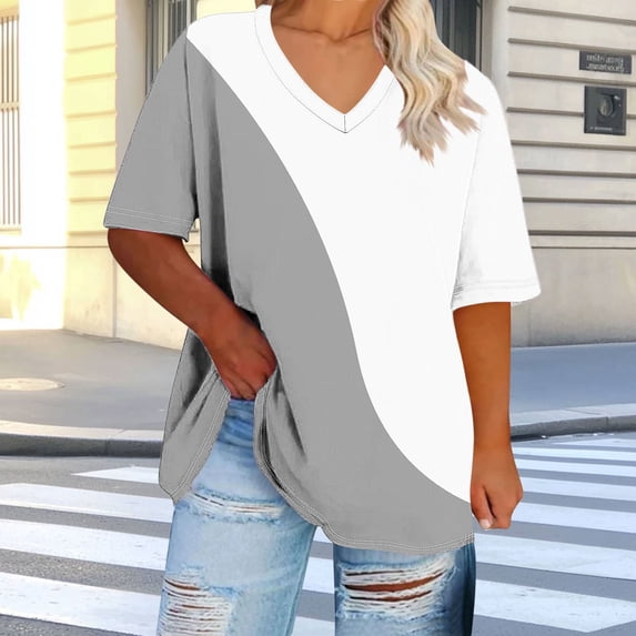 QETYUW Plus Size Shirts for Women Short Sleeve V Neck Shirt Color Block Tunic Tops Loose Fit Causal Tshirt Summer Top