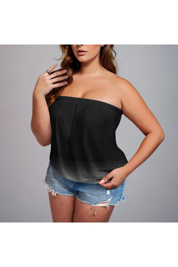 Plus Size Tube Tops for Women Pleated Strapless Blouses Gradient Off The Shoulder Top Summer Casual Bandeau Tanks