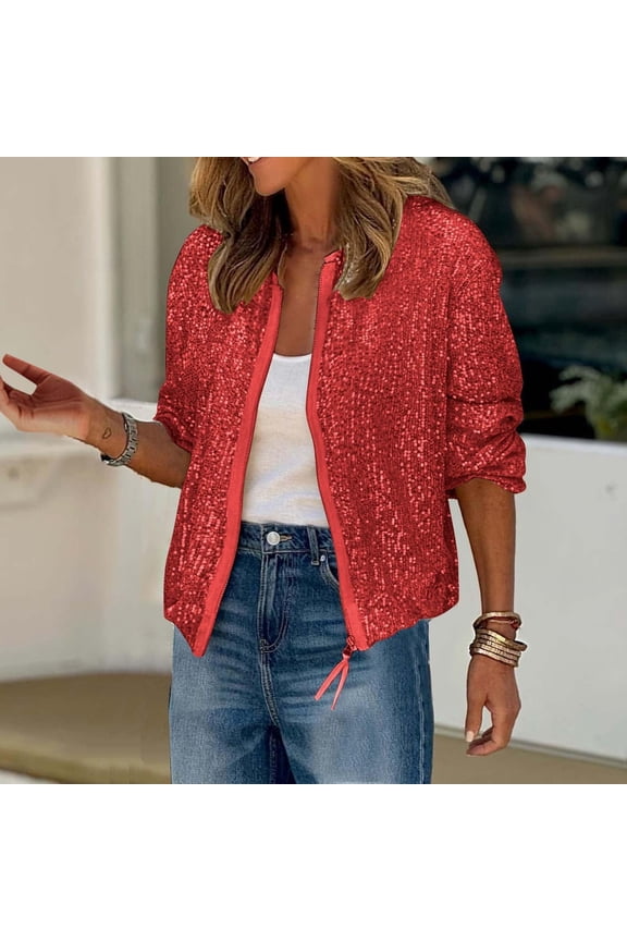 Sequin Jackets for Women Full Zip Up Glitter Cardigan Open Front Sparkly Coat Fashion Long Sleeve Bomber Coat Lightweight Party Shimmer Outerwear Tops