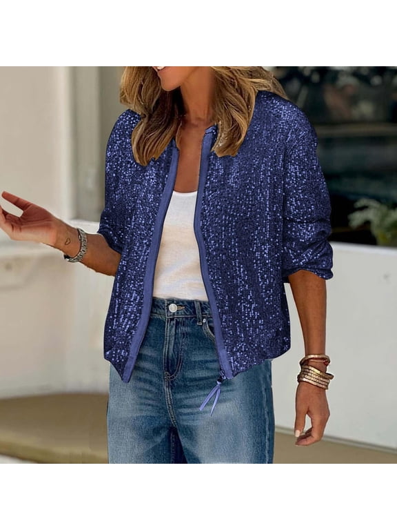 Womens Sequin Jacket Full Zip Up Cardigan Open Front Sparkly Jackets Fashion Long Sleeve Bomber Shimmer Coat Lightweight Party Glitter Jackets for Women