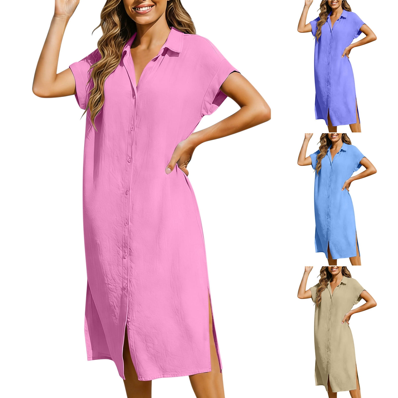 QETYUW Shirt Dresses for Women Cotton Linen Button Down Short Sleeve ...