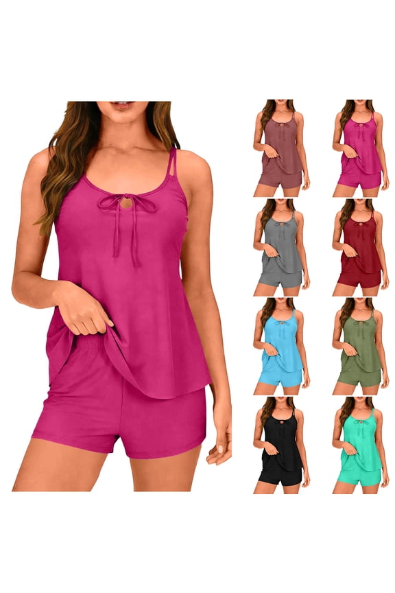 Two Piece Tankini Swimsuits for Women Tummy Control Keyhole Neck Swim Tank Top with Pockets Boyshort Double Spaghetti Strap Tankini Tops
