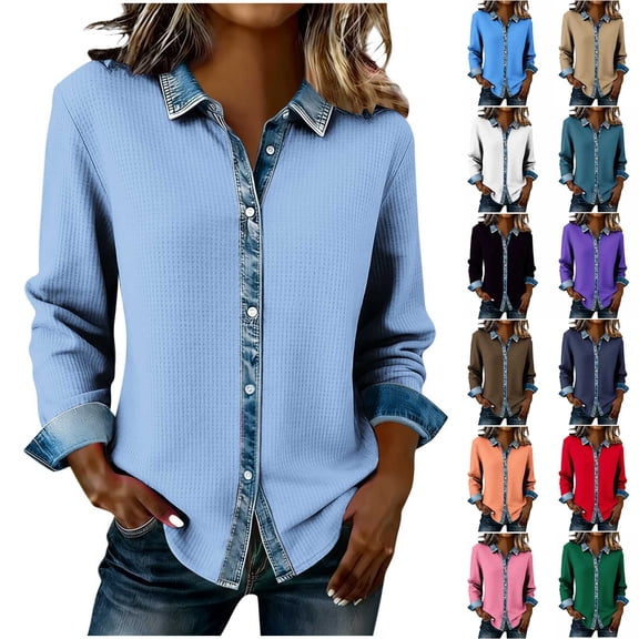 QETYUW Waffle Button Down Shirts for Women Patchwork Denim Long Sleeve Shirt Color Block Collar Cardigan for Work Office Red M