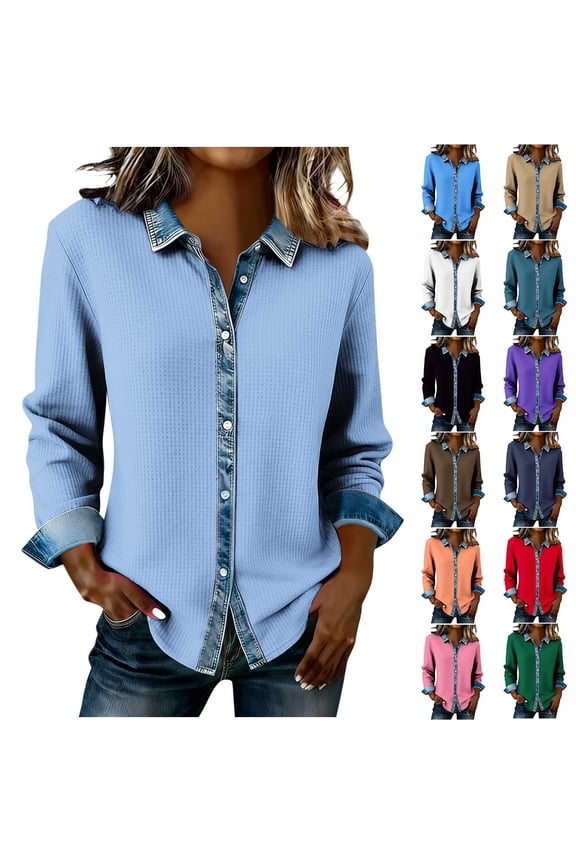 Waffle Button Down Shirts for Women Patchwork Denim Long Sleeve Shirt Color Block Collar Cardigan for Work Office Red M