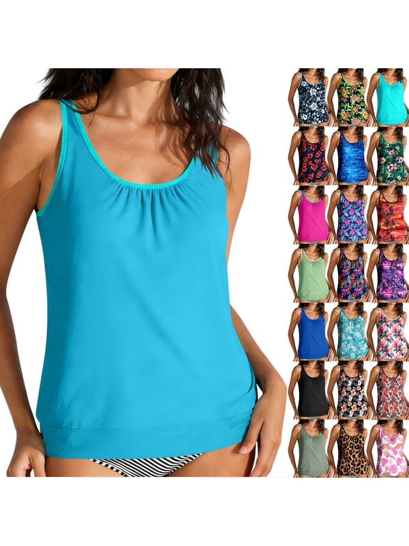 Women's Blouson Tankini Tops Tummy Control Adjustable Strap Swim Tank Top with Built in Bra Lightweight Quick Dry Tankinis Top for Beach Vacation