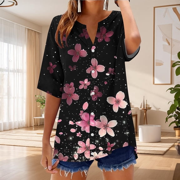 QETYUW Women's Button Down Shirts Cotton Linen Floral Print Tshirts Plus Size Short Sleeve V Neck Shirt Outdoor Casual Tops