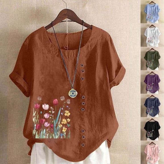 QETYUW Women's Cotton Linen Tops Ladies Button Boho Floral Printed Crew Neck Short Sleeve Shirts Plus Size Summer Vacation Blouse