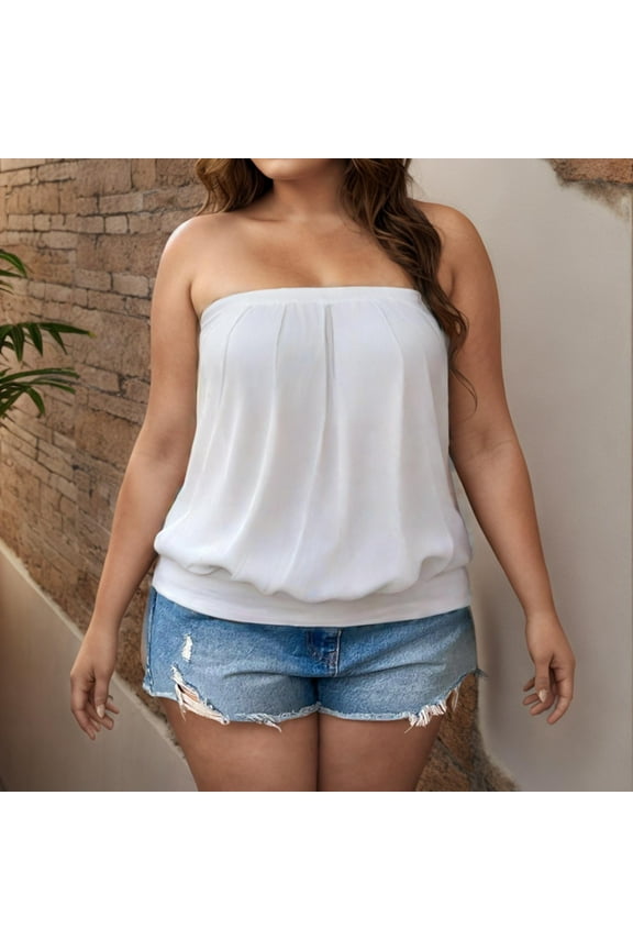 Women's Plus Size Tube Tops Summer Casual Bandeau Tank Solid Color Pleated Strapless Blouses Off The Shoulder Tunic Shirts