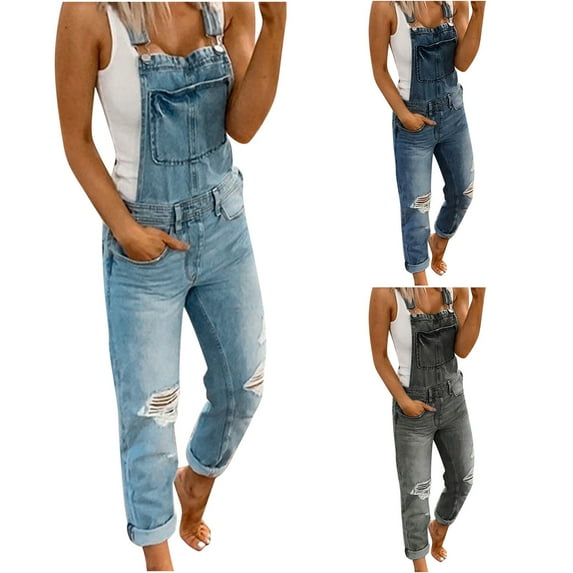 QETYUW Women's Ripped Denim Bib Pants Distressed Stretch Overalls Vintage Adjustable Straps Jumpsuits Classic Trendy Slim Fit Jeans Casual Sleeveless Romper