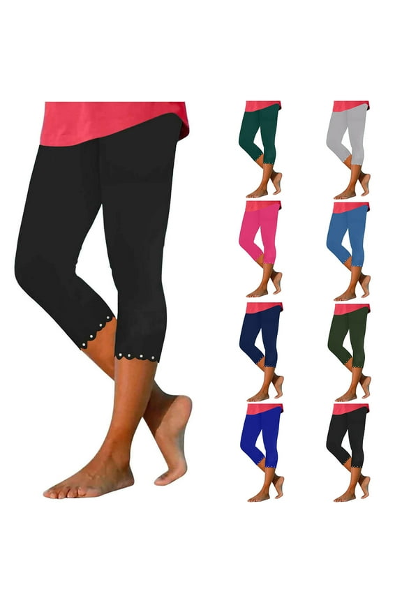 Women's Soft Capri Leggings Stretchy High Waist Capris Yoga Pants Solid Color Rhinestone Trim Casual Crop Yoga Pant