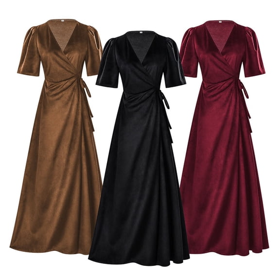 QETYUW Women's V Neck Maxi Dress Short Sleeve Wrap Wedding Guest Dress Solid Color Vintage Long Dresses Cocktail Party Dresses