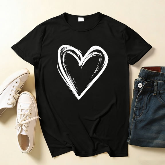 QETYUW Women's Valentine Shirts Short Sleeve Crew Neck Tshirts Love Heart Graphic Tees Plus Size Comfy Tshirt Casual Holiday Tops