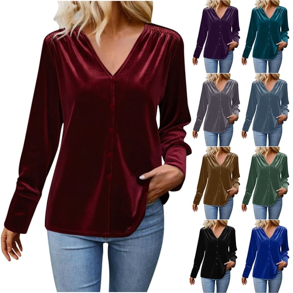 QETYUW Women's Velvet Button Down Shirt V Neck Long Sleeve Shirts Solid Color Loose Fit Basic Tunic Tops Business Casual Blouses