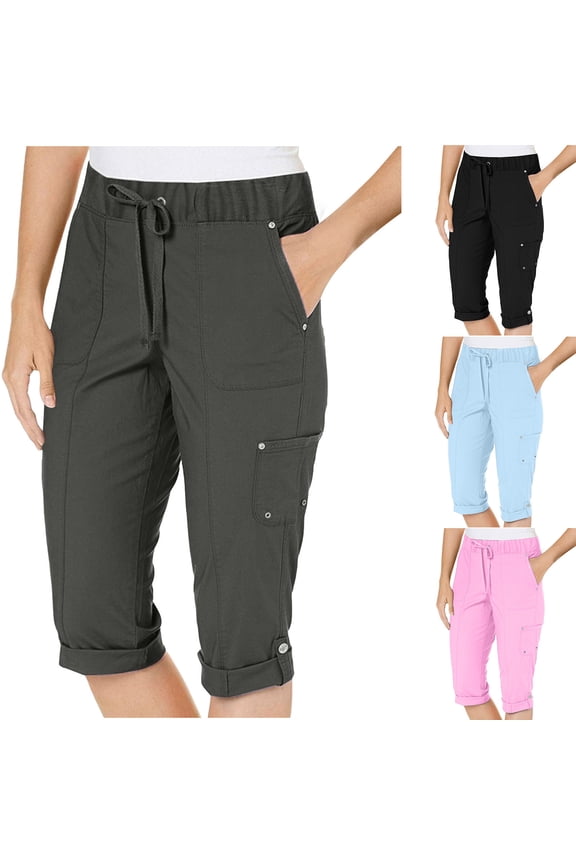Womens Cargo Capri Pants Cuffed Chino Cropped Trousers Loose Fit Drawstring Waist Crop Pant Summer Casual Capris
