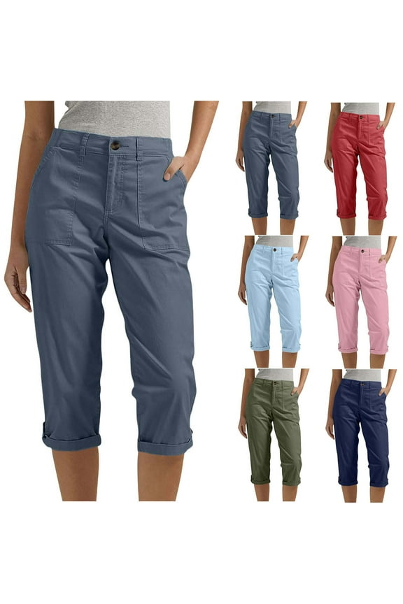 Womens Chino Capri Pants High Waist Cuffed Cropped Trousers Solid Color Loose Capris Hiking Travel Pant with Pockets