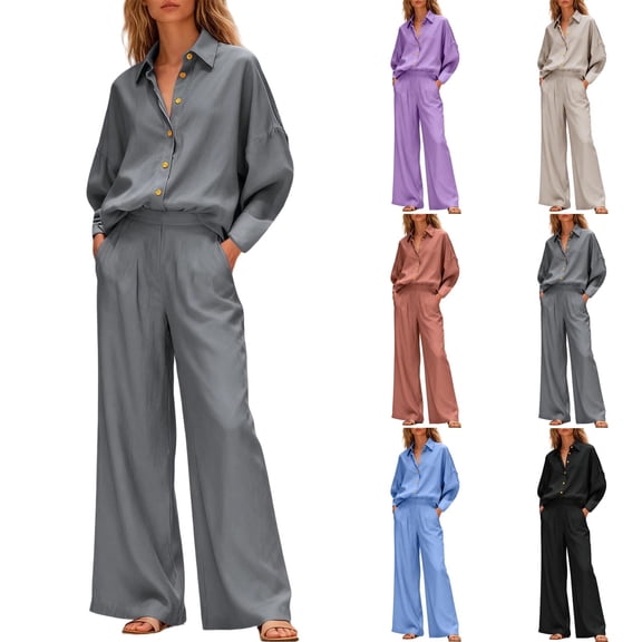 QETYUW Womens Cotton Linen 2 Piece Outfits Oversized Long Sleeve Button Down Shirt and Wide Leg Pants Outfit Solid Color Casual Comfy Suit