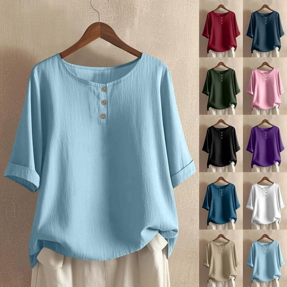 QETYUW Womens Cotton Linen Tops Roll Up Short Sleeve Button Up Shirts Solid Color Crew Neck Basic Tees Beach Vacation Tshirts