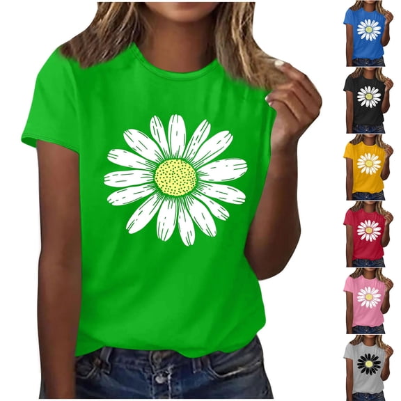 QETYUW Womens Graphic Tees Short Sleeve Crew Neck Shirts Floral Printed Tshirt Plus Size Summer Casual Shirt Beach Vacation Tshirts