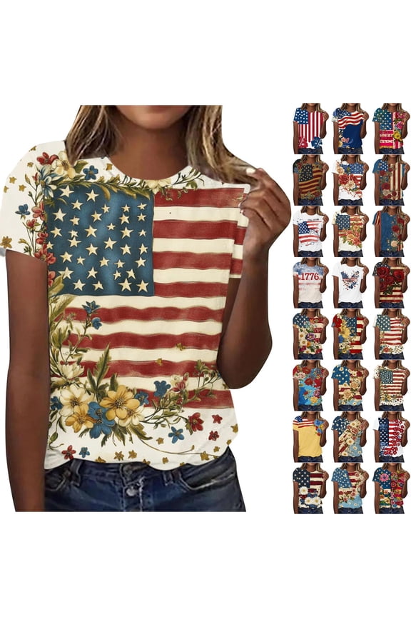 Womens Patriotic Shirts Stars and Stripes Short Sleeve Tees Loose Fit Crew Neck Graphic Tshirts for Summer