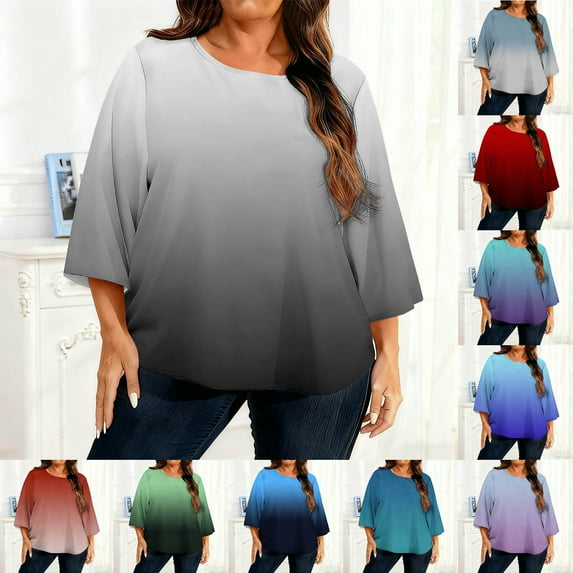 QETYUW Womens Plus Size 3/4 Sleeve Tops Crew Neck Soft Comfy Shirts Gradient Basic Tees Summer Lightweight Casual Tshirts