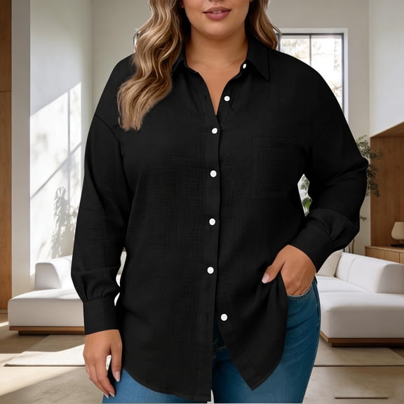 QETYUW Womens Plus Size Button Down Shirts Casual Long Sleeve Lapel Shirt Solid Color Loose Fit Tshirts Office Work Blouses
