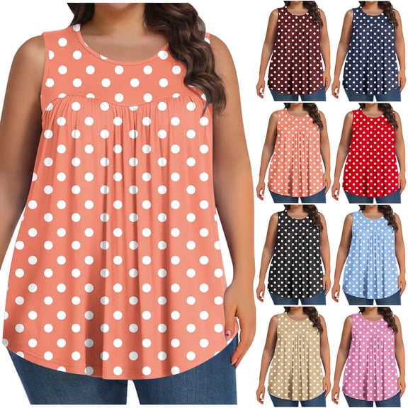 QETYUW Womens Polka Dot Tank Top Plus Size Crew Neck Sleeveless Shirts Pleated Flowly Babydoll Tops Oversized Vacation Beach Tanks