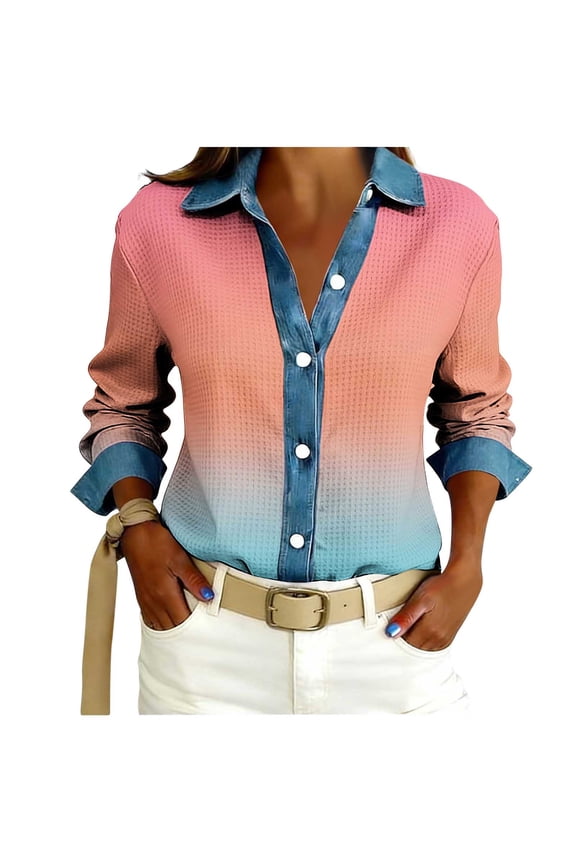 Womens Waffle Denim Patchwork Button up Shirt Collar Long Sleeve Button Down Shirts Gradient Lightweight Casual Jacket Orange L