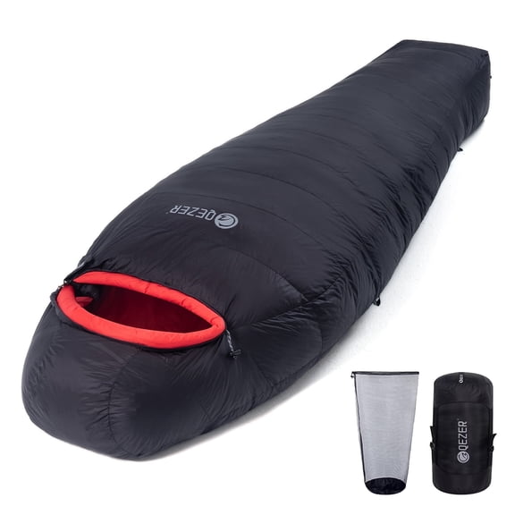 QEZER Adult Mummy Down Sleeping Bag, Perfect for Extreme Cold Weather, Essential for Camping and Backpacking, with compression sack, 88.6" × 32.3", 3.44 lb, Black